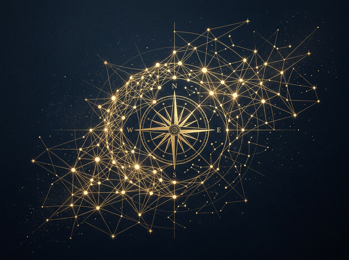 Golden network of connected nodes representing answer-engine authority